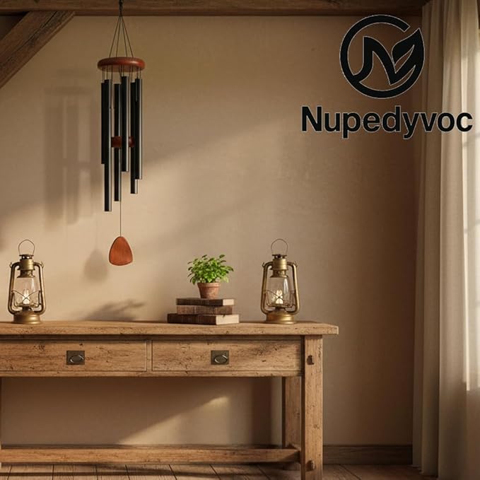 35” Large Black Aluminum Wind Chimes with Brown Wooden Cap for Outside, Deep Tone Outdoor Garden Patio Weather Resistant Metal Decor, Ideal Gift for Birthday, Mother's Day, Ambiance, Relaxation