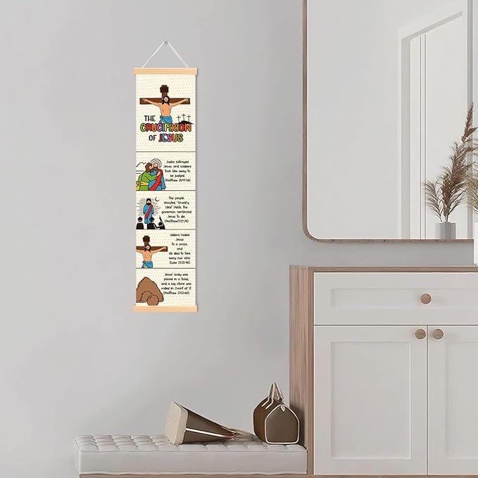 Easter Story Banner, Crucifixion of Jesus Banner, Sunday School Supplies, Canvas Wall Hanging Poster, Religious Artwork, Family Hanging of Scripture and Words Decorations 09