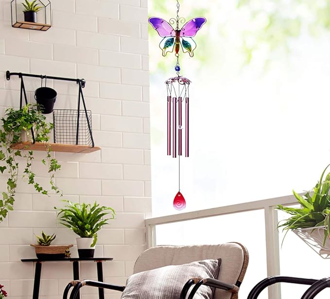 Evealyn Outdoor Butterfly Wind Chimes, Indoor Handing Stained Glass Metal Music Beautiful Wind Chimes for Home, Balcony,Window, Garden, Yard, Patio, Lawn Decoration (Purple)