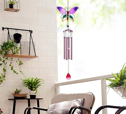 Evealyn Outdoor Butterfly Wind Chimes, Indoor Handing Stained Glass Metal Music Beautiful Wind Chimes for Home, Balcony,Window, Garden, Yard, Patio, Lawn Decoration (Purple)
