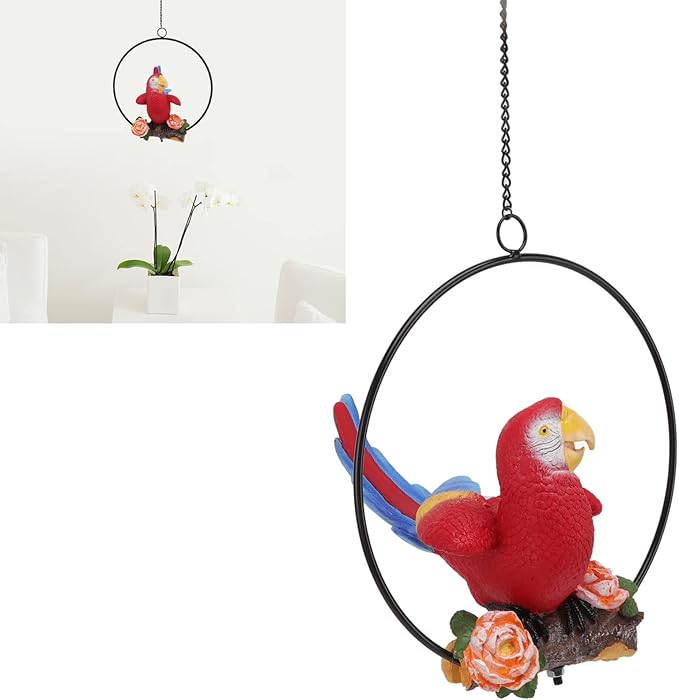 Hanging Iron Ring Parrots Resin Garden Statue, Waterproof Decorative Bird Figurine 14x19x17.5cm - Durable Weather, Easy to Hang, Ideal for Courtyard and Balcony
