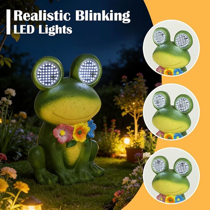 Solar Garden Statue with LED Lights, Dynamic Blinking Lights and Flowers, Outdoor Garden Figurine for Patio Porch Lawn Backyard Decor, Housewarming Gifts for Women (Frog)