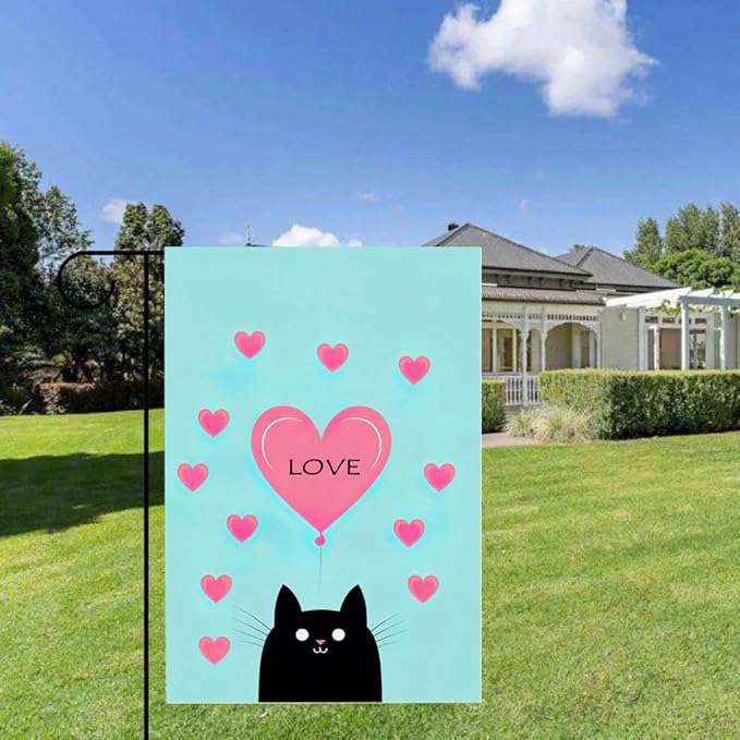 Gkyygk Garden Flag Black Cat Pink Love Heart Double Sided 12x18 Inch Banners Welcome Yard House Outside Outdoor Summer Decoration