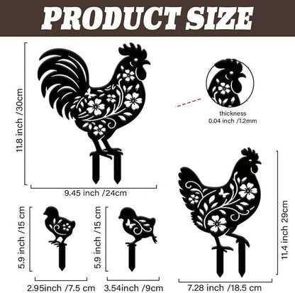 SUPERDANT 4PCS Chicken Metal Garden Yard Art Decor Black Silhouette Outdoor Iron Art Decoration Garden Stakes Statues Ornament Crafts for Backyard Parks Lawns Outdoor Spaces