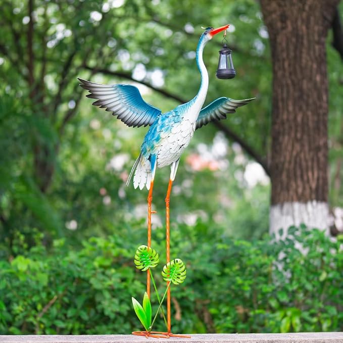 DREAMSOUL Solar Garden Statues 40.6 Inch Tall Heron Outdoor Statues, Metal Crane Statue for Garden, Patio, Yard Decor