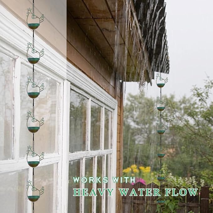 10.6FT Rain Chains for Gutter, Chicken Decorative Rain Chain with 12 Cups, Adjustable Rain Catcher Chain for Eaves Drainage, Replacement for Downspout
