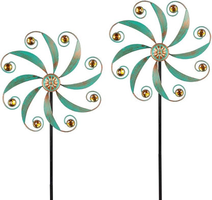Stargarden 2Pack Wind Spinner, Metal Outdoor Wind Sculptures & Spinners, Small Garden Pinwheels for Yard and Garden Decor(Green)