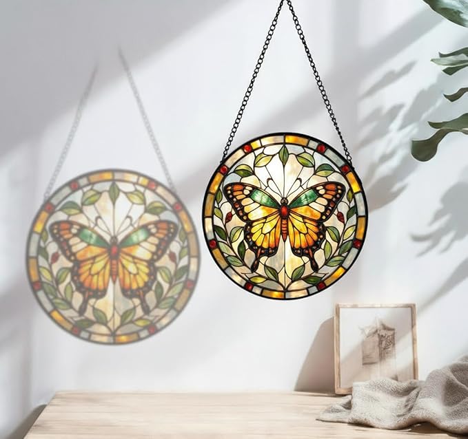 Butterfly Stained Glass Suncather for Window Hanging, 6.3'' Yellow Butterfly Ornament Gift for Women, Nature-Inspired Home Decor Gift for Mom, Grandma, Mother's Day (Yellow, 6.3'')