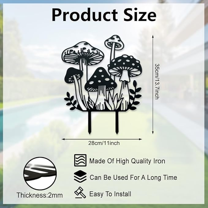 WADORN Mushroom Metal Outdoor Statues Silhouette, Funny Mushroom Metal Decorative Garden Stakes Mushroom and Grass Silhouette Ornament Gift Funny Outdoor Decor for Garden Backyard Patio Lawn Outdoor