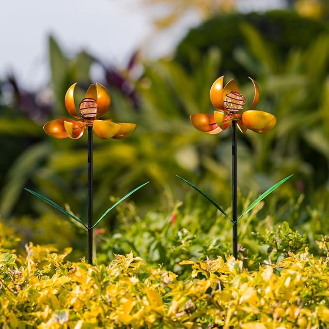 Metal Wind Spinners Outdoor,2Pack Yellow Pinwheels for Yard and Garden, Decorative Garden Stakes for Patio,Lawn, Outdoor