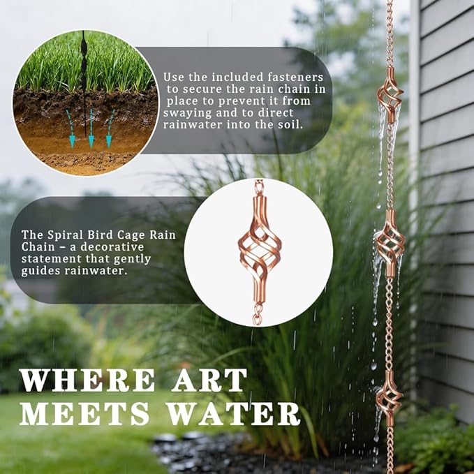 8.5FT Rain Chains with Spiral Bird Cage Rain Chain Cups, Rain Catcher for Gutters, Decorative Copper Rainwater Diverter Rain Chimes for Garden Decor,Replacement for Outside Gutter Downspouts in Spring