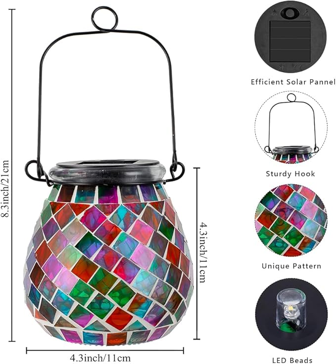 Stargarden Mosaic Solar Lanterns Outdoor Waterproof, Colorful Glass Hanging Lantern Decorative Solar Lights for Yard, Patio, Lawn, Gaden Decor