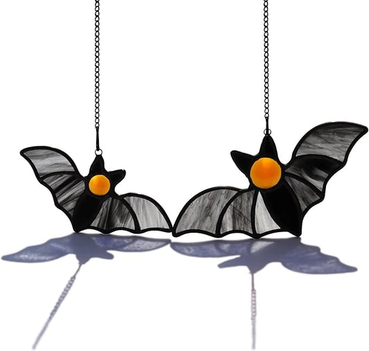 Bat Decor Stained Glass Window Hanging -Double Halloween Bats Suncatcher for Window Gothic Decor Black Bats. (Black A)…