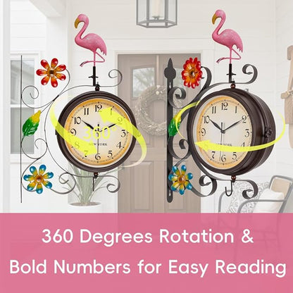 Flamingo Vintage Double Sided Wall Clock with Metal Frame Antique Wall Clock for Outdoor Decorative Art Decor for Living Room Restaurants Office Kitchen Silent Watches & 360 Degree Rotate