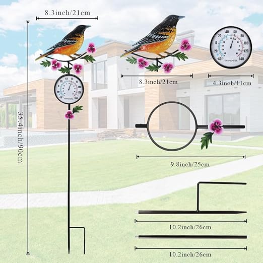 Outdoor Thermometer, 35" Tall No Battery Needed Outside Thermometer with Garden Stake, Hummingbird Wall Thermometer for Yard Patio Decor
