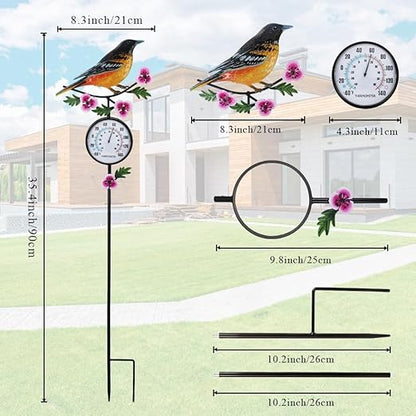 Outdoor Thermometer, 35" Tall No Battery Needed Outside Thermometer with Garden Stake, Hummingbird Wall Thermometer for Yard Patio Decor
