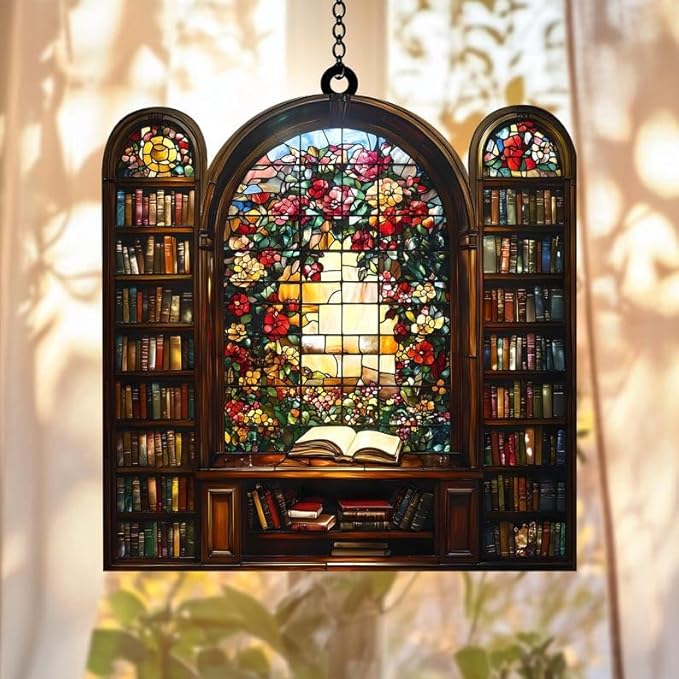 Library with Flower Acrylic Suncatcher Wildflowers Book Window Hanging Gift for Lover Bookish Librarian Woman Teacher Mom Sun Catchers Windows Acrylic Decorations Outdoor Decor