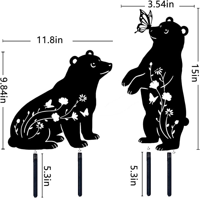 Bear Garden Decor for Outside, Metal Bear Decorative Garden Stakes Set of 2, Rust-Proof Black Silhouette Yard Art for Lawn,Patio,Backyard Outdoor Decorations, Gifts for Animal Lovers ﻿