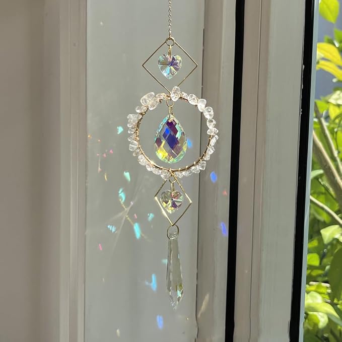 Crystal Suncatchers Window Hanging Wind Chime Natural Fluorite Amethyst Pendant Ornament,for Home, Garden Tree Plants, and Meditation Decor (White)
