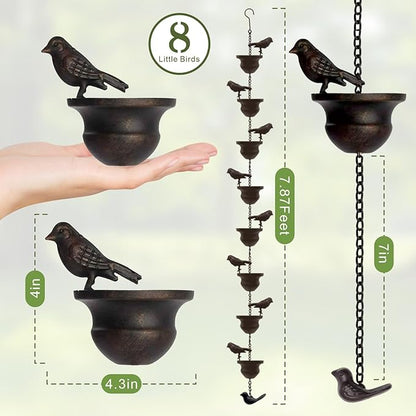 Metal Bird Rain Chain for Gutters, Rust Resistant Outdoor Rain Catcher, Perfect for Heavy Rain, Indoor/Outdoor Decoration, Dark Bronze Finish