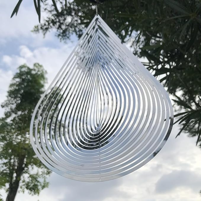 3D Water Drop Wind Spinner, Stainless Steel Highly Reflective 360° Rotating, Humane Bird Repeller, Outdoor Garden Patio Yard Decor, 17cm×25cm Silver Metal Wind Sculpture
