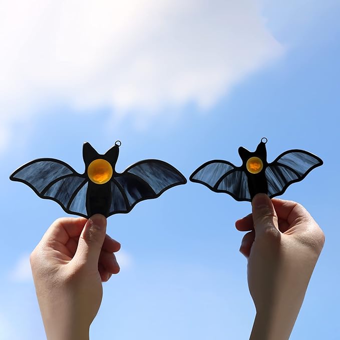 Bat Decor Stained Glass Window Hanging -Double Halloween Bats Suncatcher for Window Gothic Decor Black Bats. (Black A)…