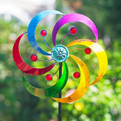 DREAMYSOUL Wind Spinners Outdoor, 10" Dia Metal Pinwheels for Yard and Garden, Kinetic Wind Sculptures & Spinner Outside (Colorful with Ruby)