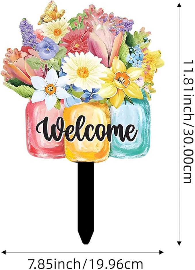 Decorative Garden Stakes, Welcome Yard Sign, Metal Arrangement Ornaments for Courtyard Lawn, Rusty Outdoor Decortions for Easter Housewarming (H)