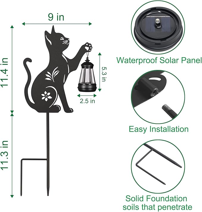 Doorkeer 2Pack Solar Outdoor Garden Lights Stakes Metal Cat Lawn Deco Statue Black Cat Patio Garden Decorative Stakes with Solar Lantern Christmas Birthday Gifts for Women Mom and Grandma