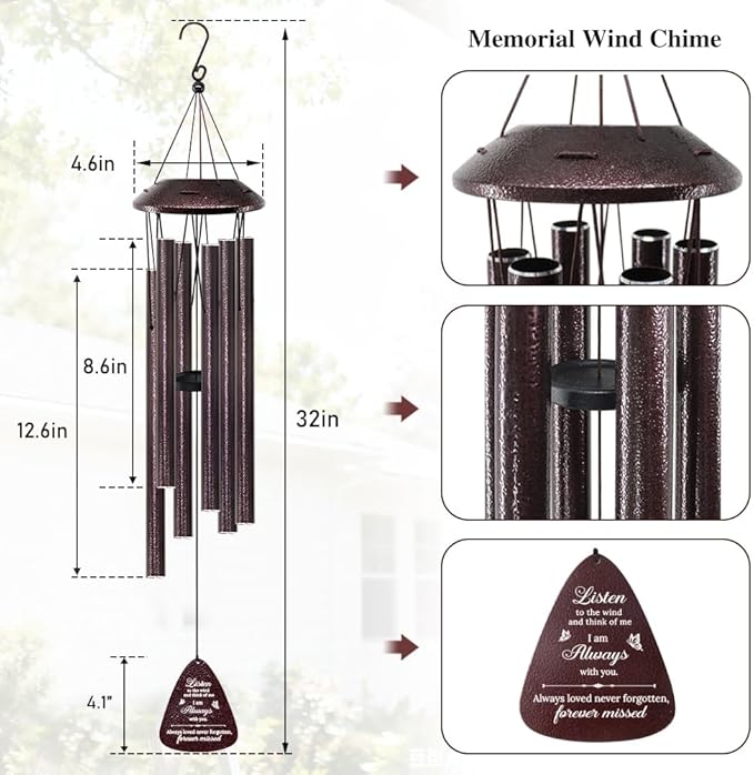 Memorial Wind Chimes for Loss of Loved One – Sympathy Wind Chime with Saying “Listen to The Wind” – Remembrance Bereavement Gift for Garden, Patio, or Outdoor Decor