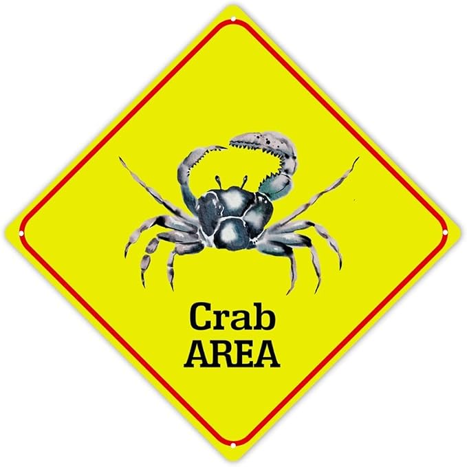 Warning Crab Area Metal Tin Sign Ocean Animal Caution Crossing Xing Street Sign Yellow Diamond Shape Funny Metal Sign For Indoor Outdoor Highway12x12in