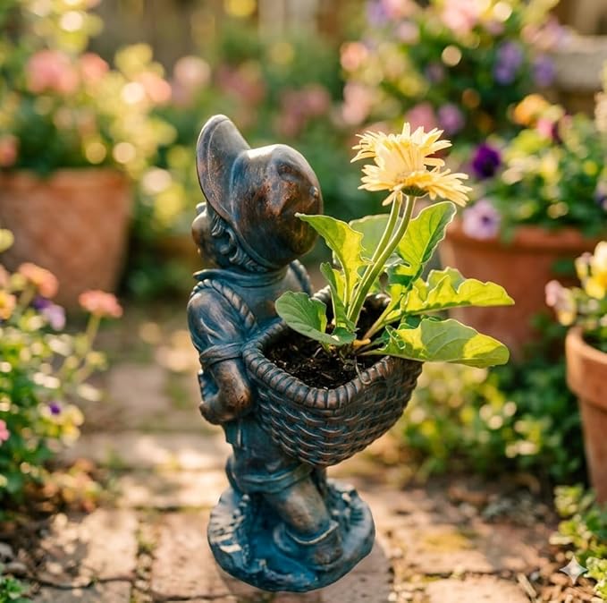 XBrand 24" H Faux Bronze Magnesium Oxide Walking Boy Garden Statue w/Small Flower Plant Pot, Outdoor Décor, Natural Design Sculpture