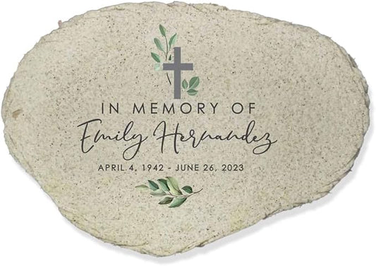 GiftsForYouNow Personalized Memorial Garden Stone, Watercolor in Memory of Flat Garden Stone with Cross, Sympathy Gift, Loss of Loved One