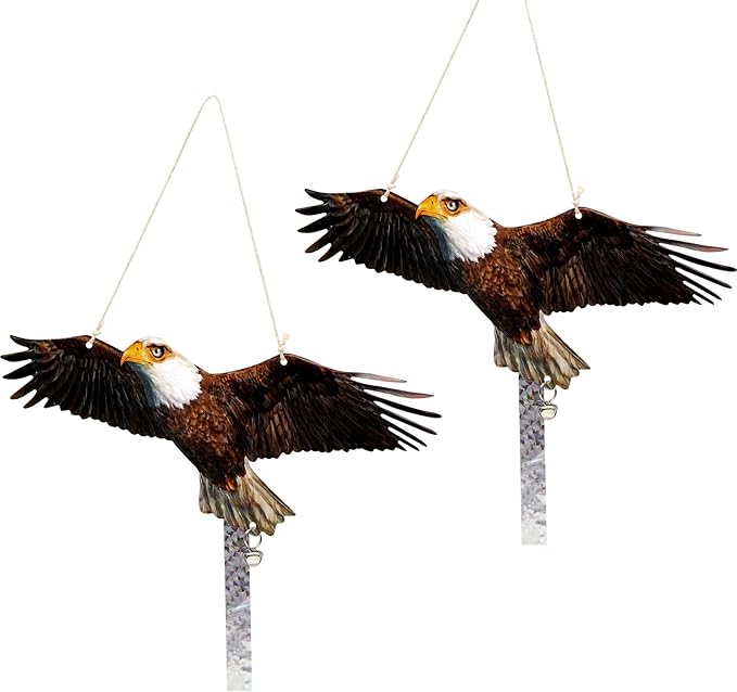 2Pack Plastic Owl Fake Owls, Reflective Owl Hanging Decoration, Barn Swallow Deterrent Dual-Side Printed Raster Fake Hawk for Garden Patio Windows