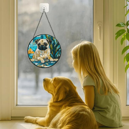 Stained Glass Window Hanging - Pug by The Pool with Yellow Flowers 11.8in Sun Catchers Indoor Stained Glass Panels Wall Decor for Mom, Wife, Lovers, Festive
