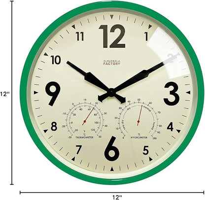 Cloudnola Indoor Outdoor Waterproof Metal Wall Clock with Thermometer and Hygrometer, Green, 12 inch Silent Non-Ticking Battery Operated Quality Quartz Round Clock for Patio and Home Decor