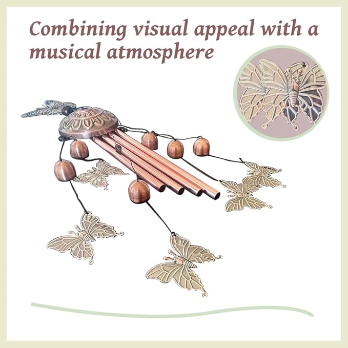 Retro Wind Chimes Metal Pipe Musical Wind Chimes for Outside Suitable Garden Decor、Home Decor Patio Decoration，Wind Catcher Friends Gift Condolence Gifts with Soothing Sound (Bronze-Butterfly)