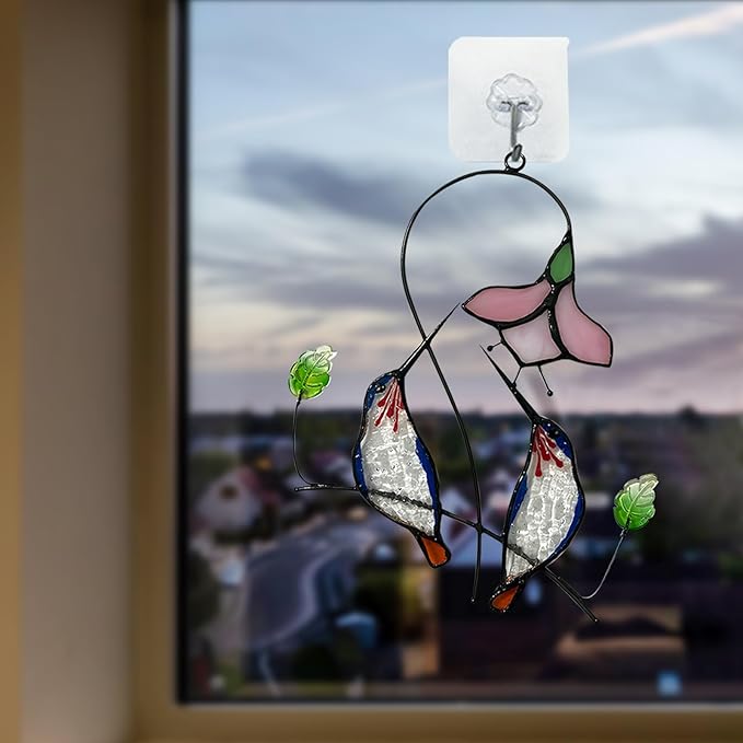 1PC Colorful Hummingbird Glass Window Decor Hanging Ornament, Home Wall Garden Decor, Hummingbird Light Catcher, Bird Lover Favorite Gardening Ornament (Blue Bird)