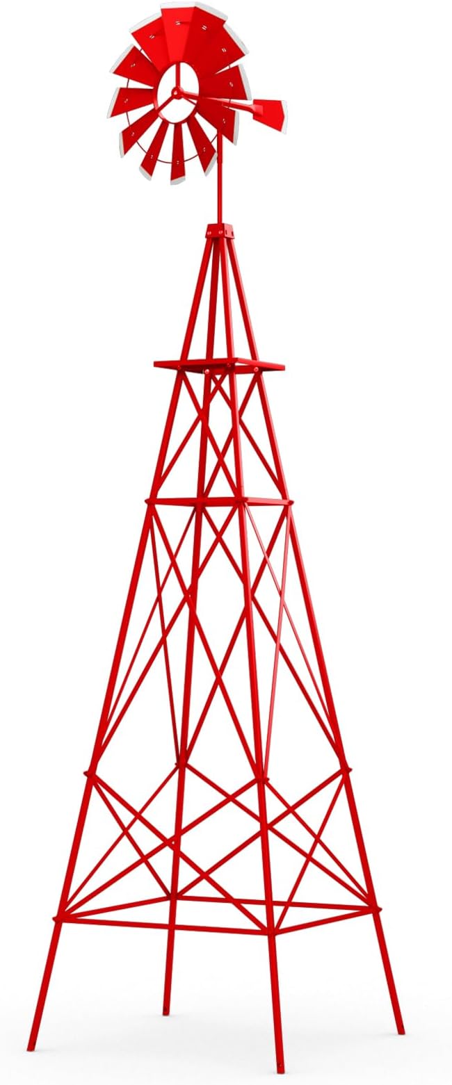DREAMADE 8ft Steel Windmill, Farmhouse Windmill Decoration with Directional Vane, 4 Anchoring Stakes & Reinforced Base, Weather-Ready Garden Spinner for Backyard, Garden, Patios, Rural Areas (Red)