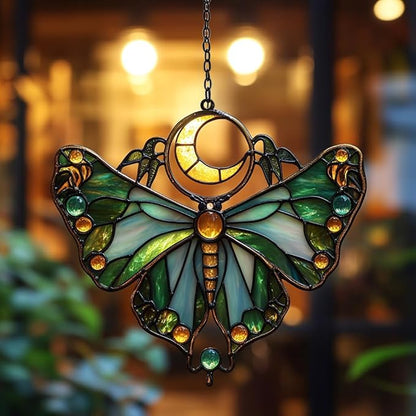 Cresent Moon Luna Moth Acrylic Suncatcher Stained Glass Effect Window Car Hanging Christmas Ornament Indoor Outdoor Decor Garden Sun Catcher Panel for Butterfly Lover for Women Mom Grandma