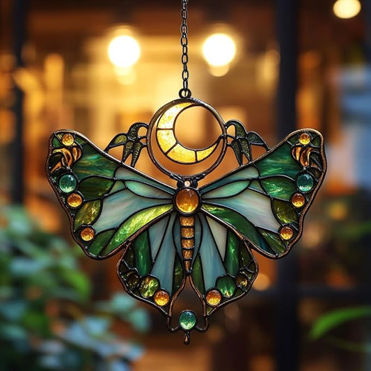 Cresent Moon Luna Moth Acrylic Suncatcher Stained Glass Effect Window Car Hanging Christmas Ornament Indoor Outdoor Decor Garden Sun Catcher Panel for Butterfly Lover for Women Mom Grandma