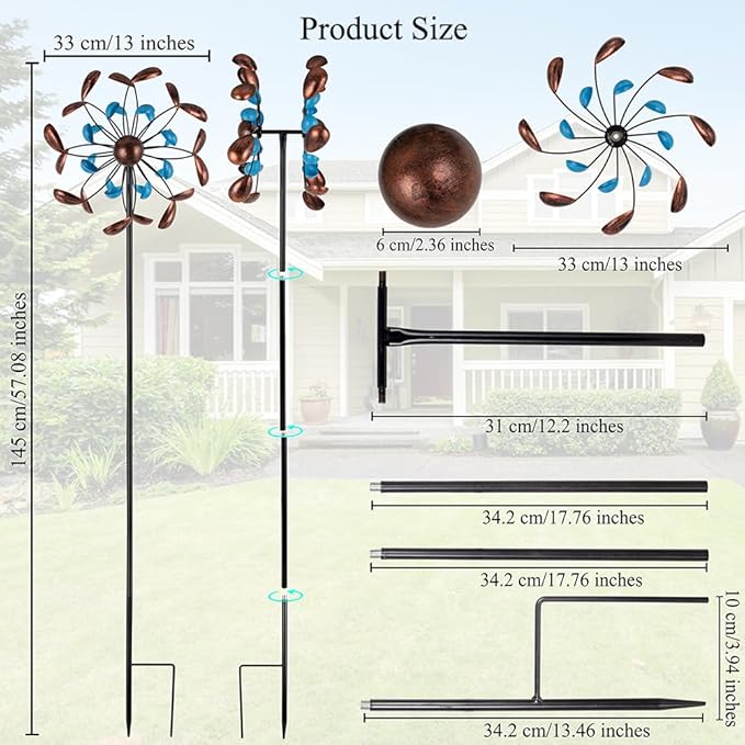 Wind Spinner Outdoor, Wind Sculpture Spinner with Metal Stake, Yard Art Decor for Patio, Lawn & Garden 13 * 57 inches