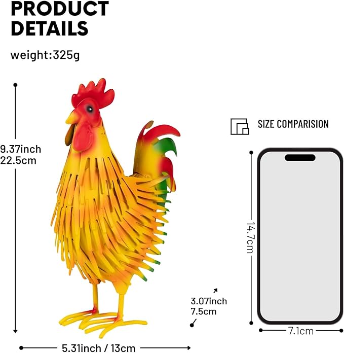 Metal Rooster Decor Statue, Colorful Farmhouse Chicken Figurine for Indoor Tabletop, Shelf Kitchen Display, Rustic Garden & Patio Accent, Unique Gift for Women Mom
