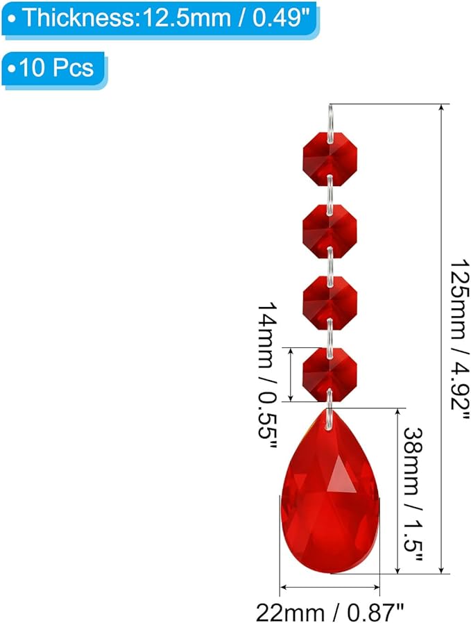 PATIKIL Teardrop Crystal Chandelier Pendants Beads, 10 Pack 125mm Length 38mm Chandelier Prisms Parts Ornaments Hanging Beads for DIY Arts Crafts Decoration, Red