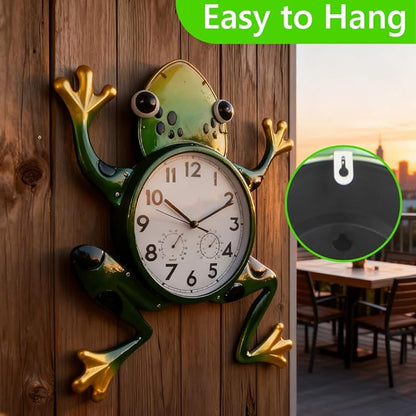Large Outdoor Clock, Frog Outdoor Wall Clock with Thermometer & Humidity, Silent Non-Ticking Outside Clock for Patio, Living Room, Kitchen