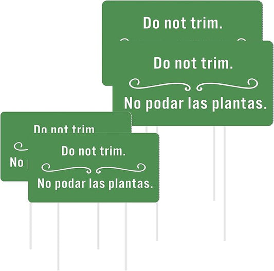 Soaoo 4 Pcs Corrugated Plastic Do Not Trim Yard Signs with Stakes 6.2 x 3.3 Inch 9.2 x 4.9 Inch Plant Signs Bilingual Garden Markers for Outdoor Lawn(Green,Classic)