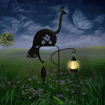 Solar Powered Black cat Fishing Light, Garden Decorative Iron Art Cute cat Fishing Ground Light, Wireless Dusk to Dawn LED Landscape lamp Waterproof.