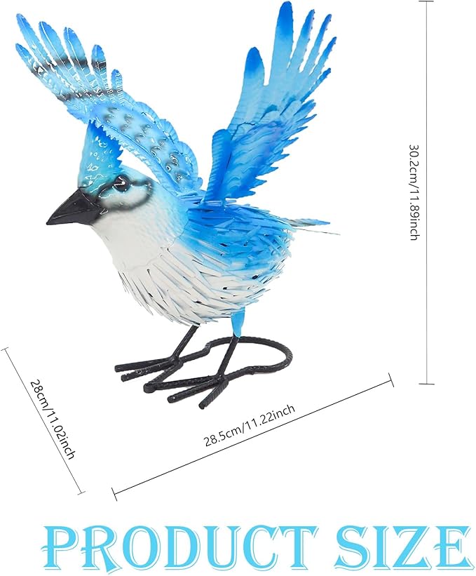 Cruis Cuka 9.5" Blue Jay Garden Decor, Hand-Painted Metal Bird Sculpture, Weatherproof Yard Art for Patio, Farmhouse Spring Gift