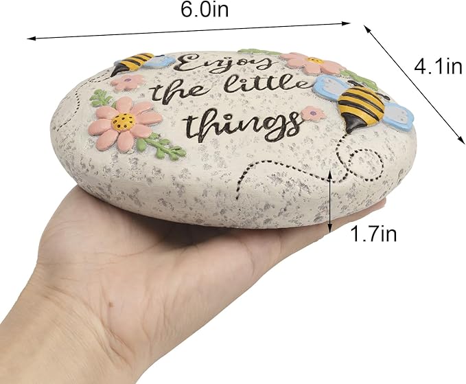 Spring Decorative Garden Stones Outdoor, 6x4.1In Bee Enjoy The Little Things Stone with Pink Floral, Concrete Stepping Stones for Walkway Pathway Yard Outside