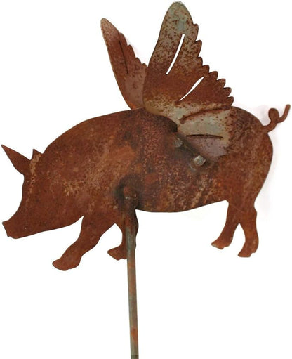 Pets and Farm Animals Metal Garden Landscape Stake (9" Wide Flying Pig on Stake, Naturally Rusted)